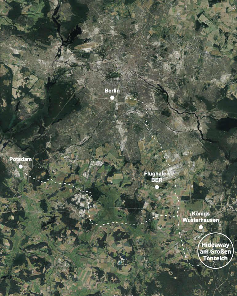 Karte der Makrolage des Hideaway am Großen Tonteich nahe Berlin